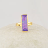 Purple Opal Ring, Aurora 6x18mm Rectangular Gemstone Silver Ring, Handcrafted 18k Gold Plated silver 925 Ring, Purple Gemstone Ring For Mom